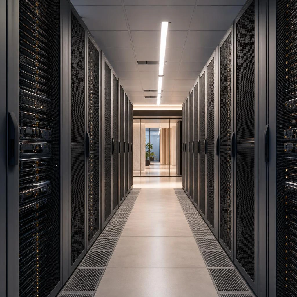 En lys datasenterkorridor med ryddige serverkabinetter.