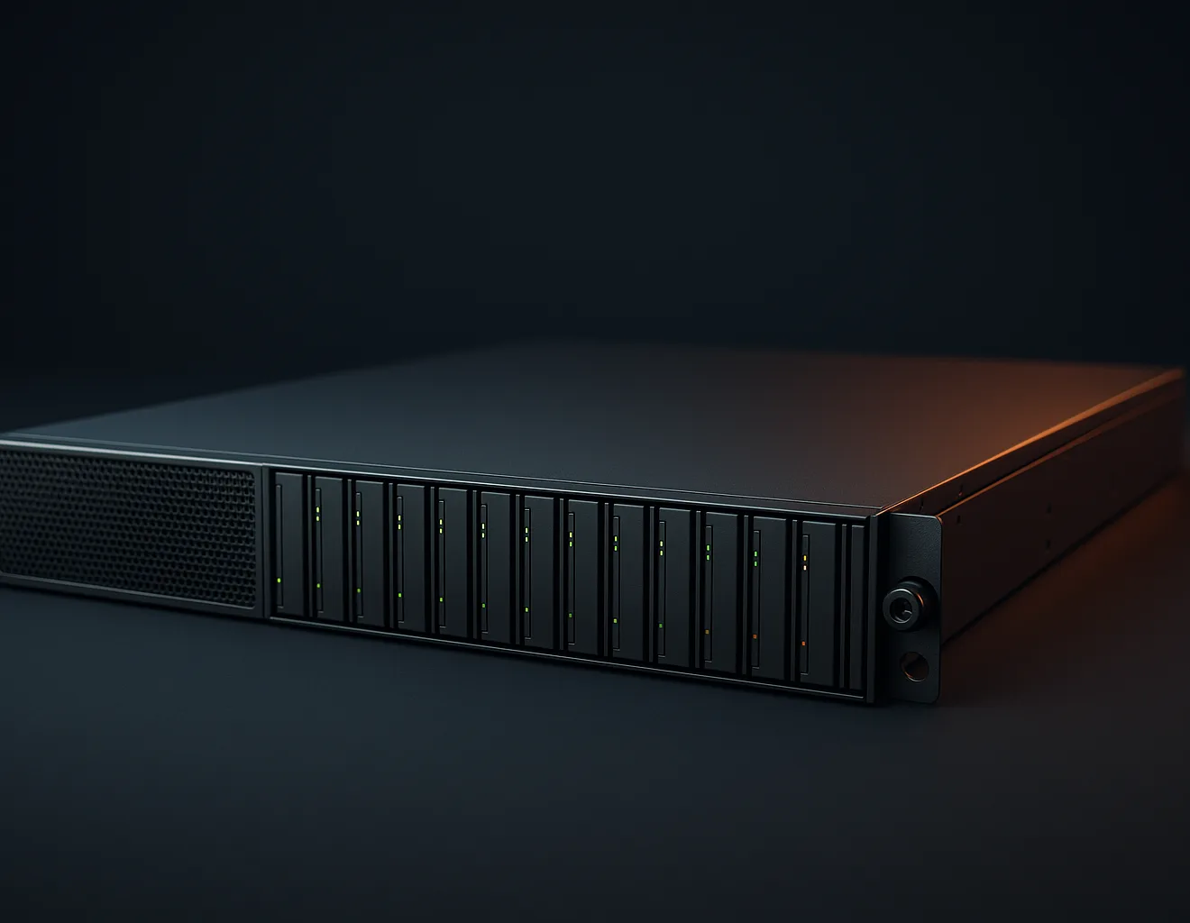 Moderne 1U rackserver med NVMe-disker og diskrete statuslys.